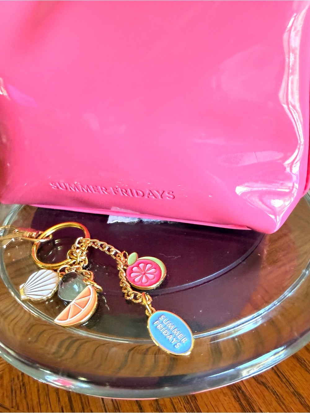 Summer Fridays 2pc set Hot Pink Vinyl Cosmetic Bag with Gold Charm Keychain NWOT
